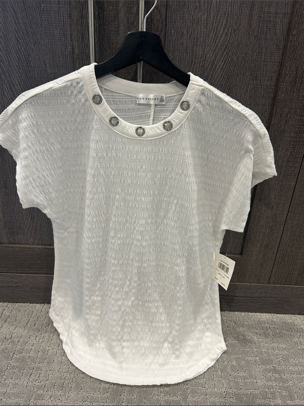 Retrology White Short Sleeve Knit Top with Decorative Snap Detail